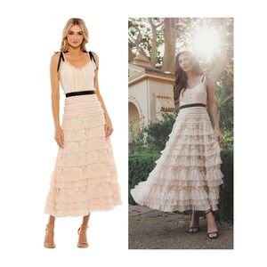 NWT Mac Duggal Blush Lace Tiered Midi Dress with Bow Straps - Size 2